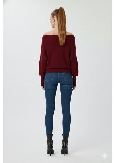 Fiolin Omuzu Açık Off Shoulder Triko Kazak Bordo