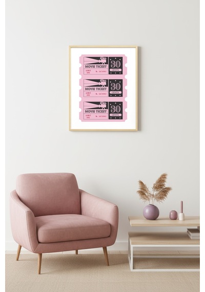 Doğal Ahşap Çerçeveli Retro Sinema Bileti Tablo - Pembe Geçmişten Tasarım Huhu2375