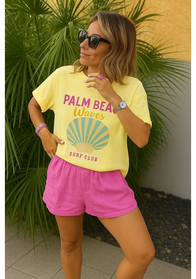 Palm Beach Waves Baskılı Unisex Tshırt Çok Renkli