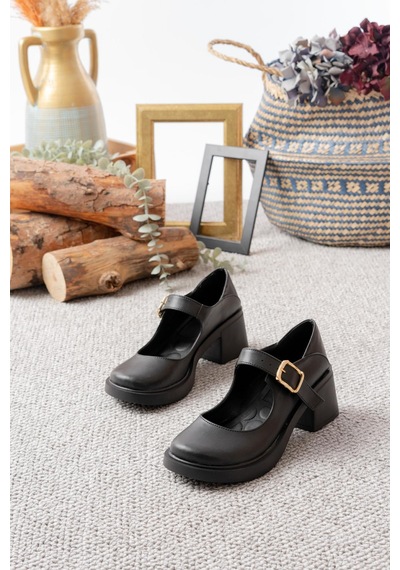 Asmi Shoes Kadın Elisa Siyah Cilt 6 Cm Tek Baletli Topuklu Loafer Ayakkabı Siyah Siyah