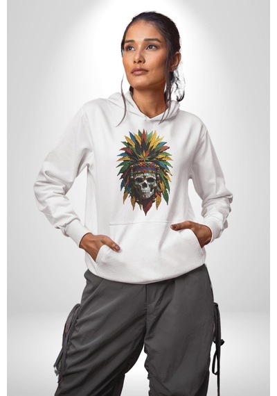 Kurukafa İskelet Kızılderili Tüy Kartal Şefi Kadın Erkek Beyaz Kapüşonlu Sweatshirt Hoodie Beyaz