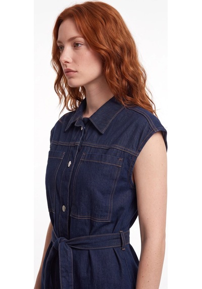 CEMO Kadın Kemerli Denim Mini Gömlek Elbise Lacivert