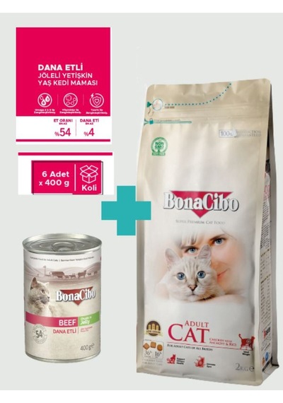 Bonacibo Yetişkin Tavuklu Kuru Mama 2 Kg & Sığır Etli Soslu Konserve Seti 6x400 Gr