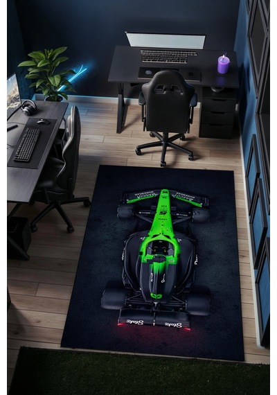 Formula 1 Neon Yeşil Yarış Arabası Halı Kaymaz Taban Yıkanabilir Gamer Odası Halısı F1.10 F1.9