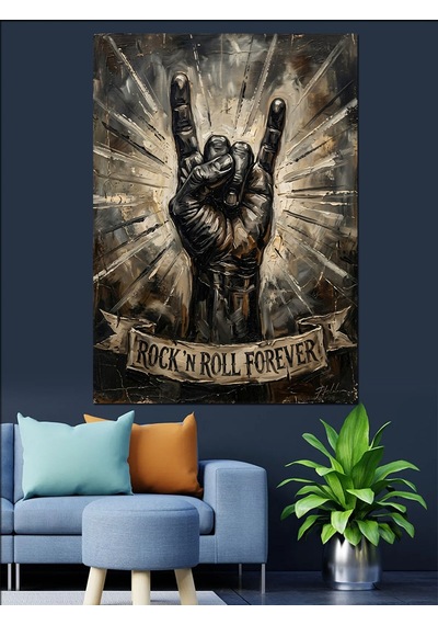 Rock N Roll Ve El Ve Işıklı Tabela Dekoratif Kanvas - Mdf Ahşap Tablo