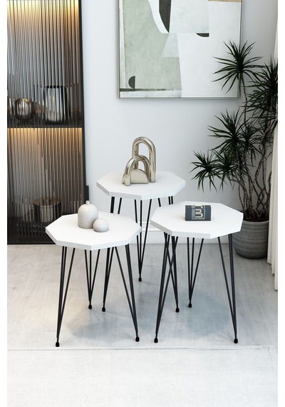 3'lü Sekizgen Zigon Sehpa Ve Dikdörtgen Orta Sehpa Takımı Modern Siyah Metal Ayaklı Salon Sehpa Seti Beyaz