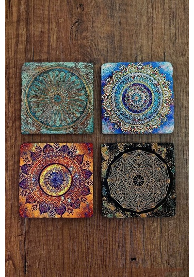 Doğal Taş Bardak Altlığı Uv Baskılı 4'lü Set - Mandala Yaşam Çiçeği Sri Yantra - Stone Coasters Çok Renkli