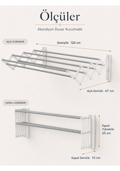 Çamaşır Kurutma Askısı Katlanır Duvara Monte Balkon Banyo Askılık Duvar Tipi Yer Tasarruflu Çamaşırlık 120 Cm Akordiyon Beyaz