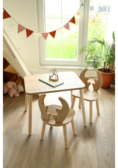 The Deer 1 Masa + 2 Sandalye (Çocuklar için Yaz-Sil Montessori Aktivite ve Etkinlik Masa Sandalye Takımı)