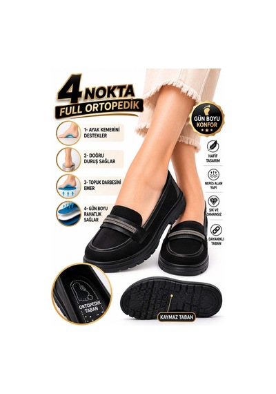 Modafocus Metal Şerit Detaylı Süet Ortopedik Loafer - Siyah Siyah