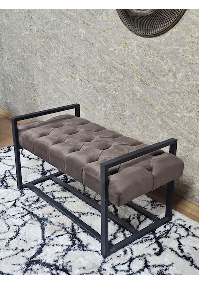Zafir Siyah Boyalı Metal 80 Cm Puf Bench - Antre Puf - Hol Bench - Puf - Oturak - Bench Kahverengi