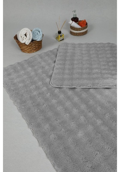 Modern Bubble Yıkanabilir Kaymaz Peluş Banyo Paspası Halısı 2'li Klozet Takımı 50x80-50x40cm Gri Çok Renkli