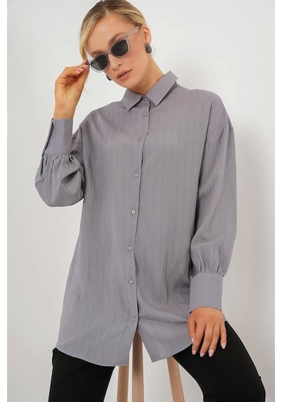 Defymoda Çizgili Uzun Gömlek Tunik 5963 - Gri Gri
