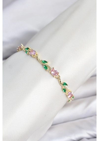 Pirinç Gold Renk Pembe Zirkon Taşlı Çiçek Model Kadın Bileklik Çok Renkli 81698039