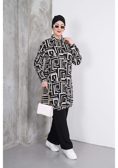Polologin Butik Beyaz Labirent Çizgili Tunik Ve Siyah Pantolon Takım Çok Renkli
