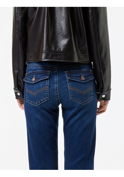 Koton Düğmeli Cepli Slim Fit Düşük Bel İspanyol Paça Jean Pantolon - Flare Jeans Koyu İndigo 6wal40246md