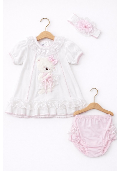 Kardeşler Bebe Dantelli Ayıcıklı Kız Bebek Elbise Takım Saç Bantlı 3 Lü Set Beyaz-pembe