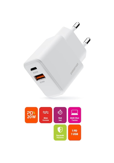 Polosmart Psm136 20w Pd + 18w Usb Hızlı Şarj Cihazı Çift Port Akıllı Tanıma Duvar Adaptörü Beyaz