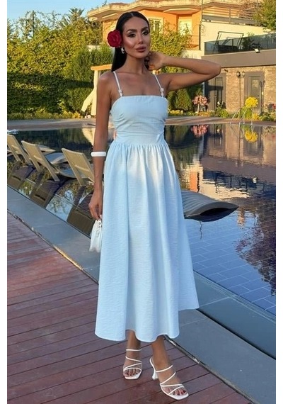 Defymoda Sırtı Çapraz İpli Boncuk Detaylı Elbise 2902-08 Mavi