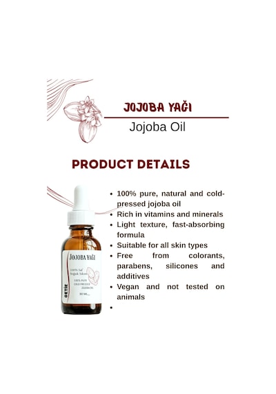 Jojoba Yağı 30 Ml Masaj- Yüz Yogası %100 Saf & Soğuk Sıkım Cilt Saç Tırnak Makyaj Temizleme