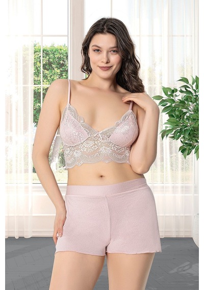 9620 Kadın Çeyizlik Dantelli Penye 6'lı Set -pudra Pudra