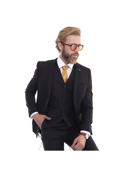 Presto Erkek Yelekli Slimfit Kareli Takım Elbise 6 Drop Siyah 707-011 Siyah