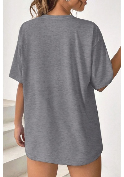 Uyguntarz Unisex Be Happy Baskılı Oversize Tshirt Gri