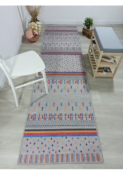 Gri Ve Çok Renkli Geometrik Desenli Modern Yolluk - Tk304ou