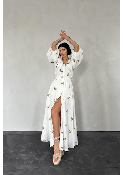 Moderie Butik Kahverengi Yakası Çiçek Motifli Kemerli Elbise Kahve