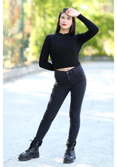 Giysa Kadın Siyah Fitilli Crop Triko Kazak Kısa Model Akrilik Kumaş Ribanalı - 3122 Siyah