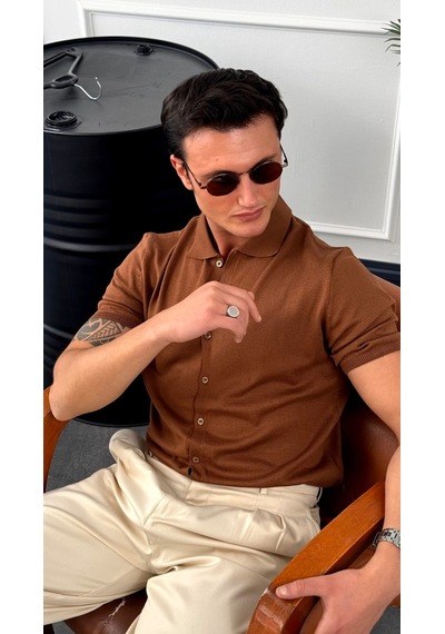 Modefendi Slim Fit Polo Yaka Triko Pamuk Kısa Kollu Gömlek Kahverengi