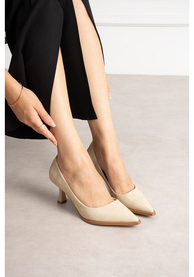 Dabab Shoes Nılay Kadın Bej Kroko Rugan Sivri Burun 7 Cm İnce Topuklu Stiletto Ayakkabı
