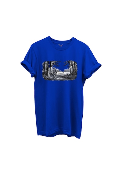 Avcı Ve Geyik Orman Manzarası Çizim Baskılı %100 Pamuk Regular Fit Bisiklet Yaka Unisex T-shirt Saks Mavi
