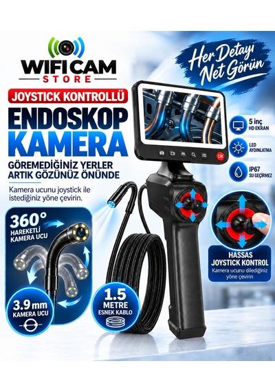 Joystıck Kontrollü Endüstriyel Endoskop Yılan Kamera 1.5 Metre