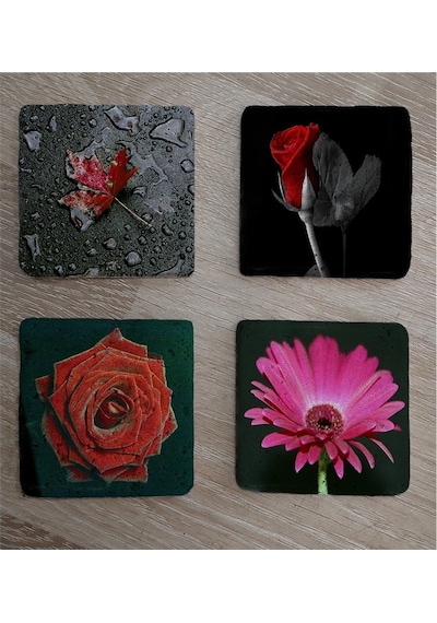 Kırmızı Gül Ve Gerbera Doğal Taş Bardak Altlığı 4'lü Set Taş Kırmızı