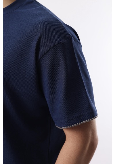 Madmext Lacivert Nakış Detaylı Erkek Şort T-shirt Takım E7305 Lacivert