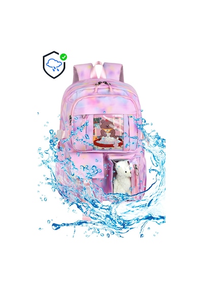 Kawaii Kore Tarzı Pembe Twil Kumaş Desenli Sırt Çantası,beslenme Çantası Ve Kalemlikli Üçlü Set