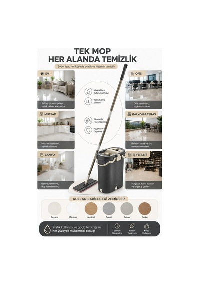 Vıpset Pro Tablet Mop Temizlik Seti %100 Temiz Su Antrasit Temiz & Kirli Su Ayrımlı Vp-601