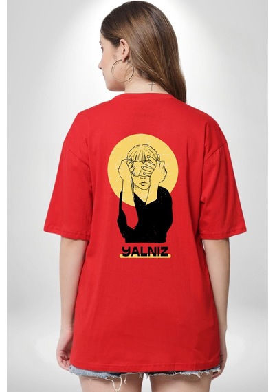 Yalnız Kadına Şiddete Hayır Kırmızı Oversize Unisex Ön Ve Sırt Baskılı Tişört Kırmızı