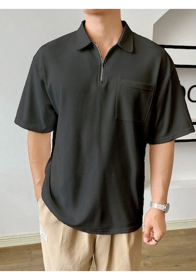 Genius Store Erkek Oversize Polo Yaka Waffle T-shirt Poloyaka-fermuarlı Füme