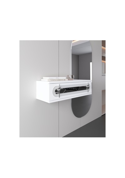 Işık 70cm Duvara Monte Kapaklı Raflı Modern Dresuar Beyaz-gümüş Beyaz-gümüş