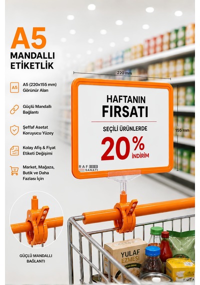 A5 Mandallı Etiketlik Fiyatlık Sepet Raf Askılık Fiyat Etiketi Çerçeveli Market Mağaza Turuncu