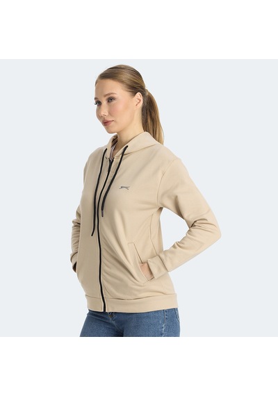 Slazenger KINET Kadın Fermuarlı Kapüşonlu Cepli Bej Sweatshirt
