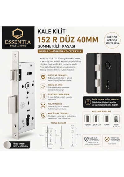 Kale Kilit 152 R Düz 40 Mm Gömme Kilit Nikel Saten Sessiz Kilit Kasası Çoklu Renk