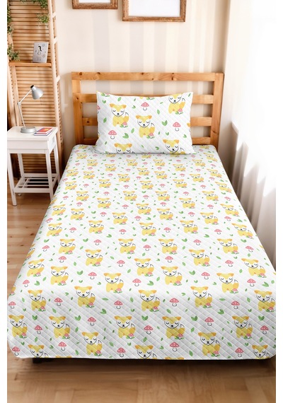 Evimde Bambaşka Sarı Tilki Çocuk Odası Tek Kişilik Pike Takımı - Orman Temalı Yeşil 160x220  CM Kapitone Yatak Örtüsü