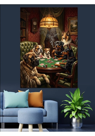 Bilardo Oynayan Köpekler Ve Kedi Dekoratif Kanvas - Mdf Ahşap Tablo