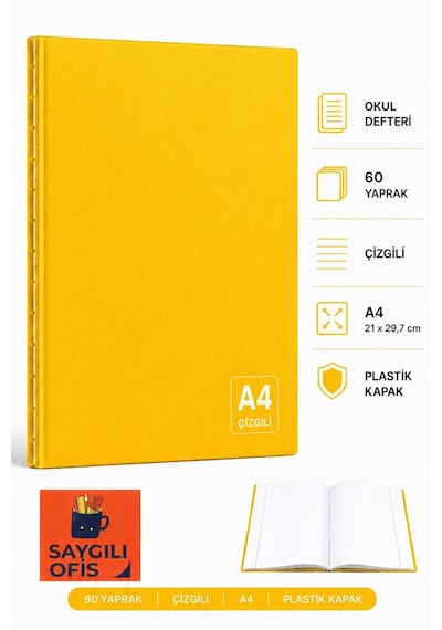 Saygılıofis 60 Yaprak A4 Dikişli Düz Pp Kapak Çizgili Defter Sarı
