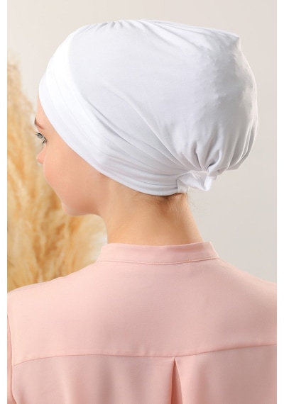 Melodi Scarf Kadın Üç Bantlı Çapraz Hazır Türban Dış Bone Beyaz Beyaz