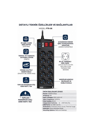 Blic Ftr-08 8 Li Akım Korumalı Priz Ve 3 Usb Girişli Çoklu Priz 2m Kablo 0.2 M