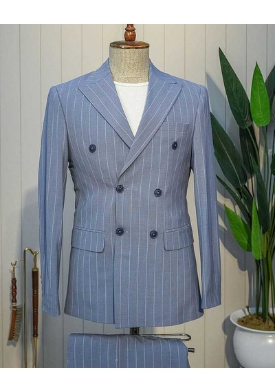 Bys Beystil Sivri Yaka Mavi Çizgili Kruvaze Takım Elbise 53151 - Slim Fit